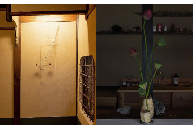 (左)宿空間での体験イベント「醒間 壱/SAMASIMA I」で客室を植物でデザインした時の様子(右)喫茶 狐菴で開かれたイベントで蓮の花を展示