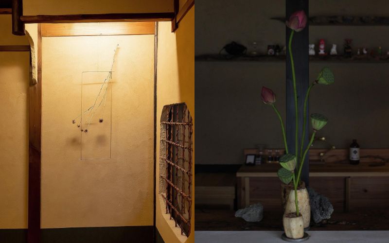 (左)宿空間での体験イベント「醒間 壱/SAMASIMA I」で客室を植物でデザインした時の様子(右)喫茶 狐菴で開かれたイベントで蓮の花を展示